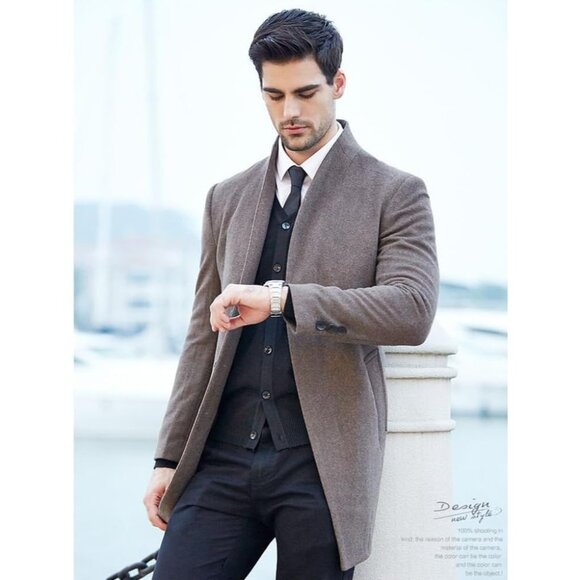 Men's Khaki Black Trench Coat Long Wool Blend Overcoat Slim Fit Down Topcoat - Picture 7 of 7